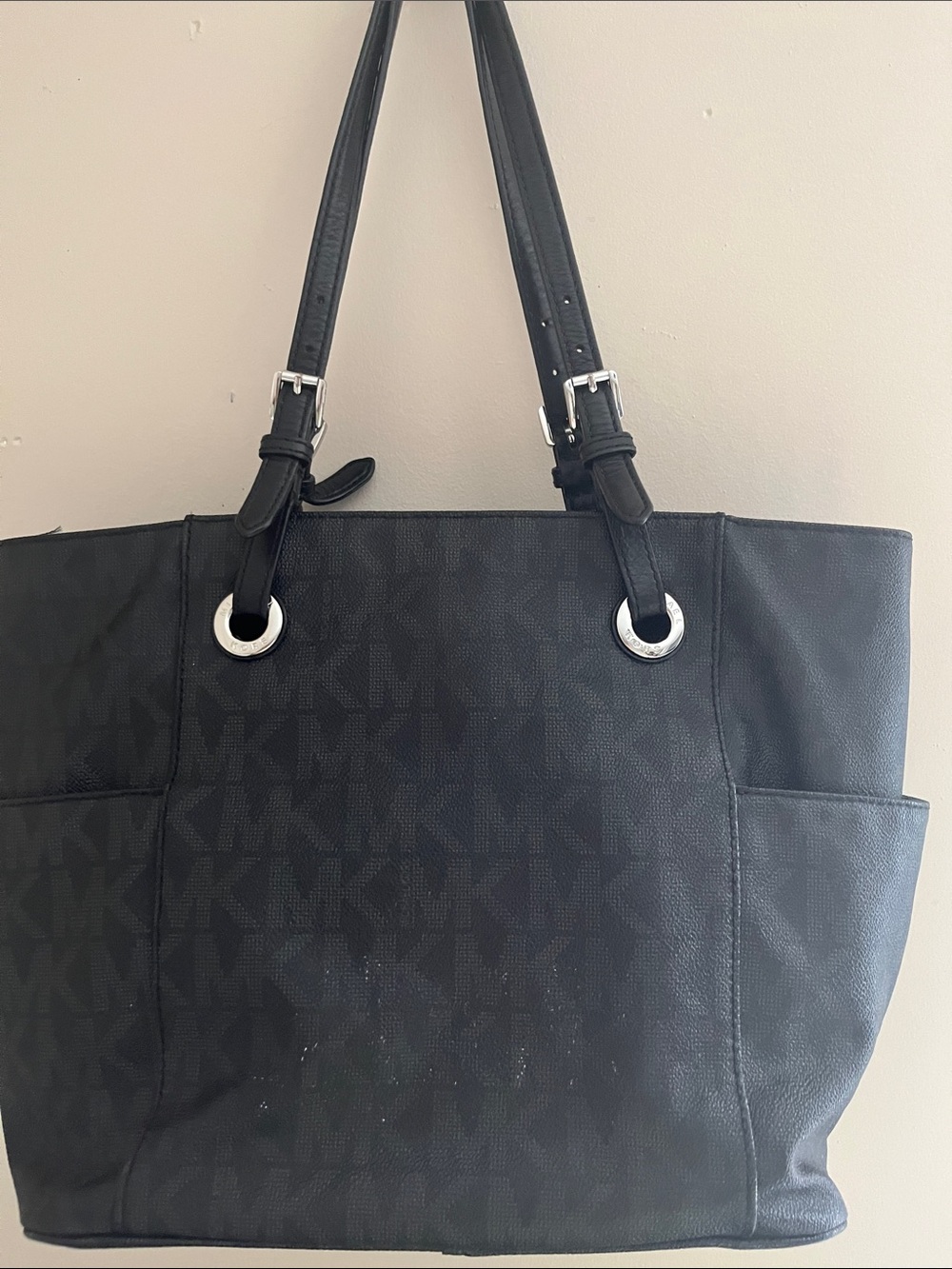 Michael Kors Black MK Logo Tote with Silver Charm - Picture 3 of 4